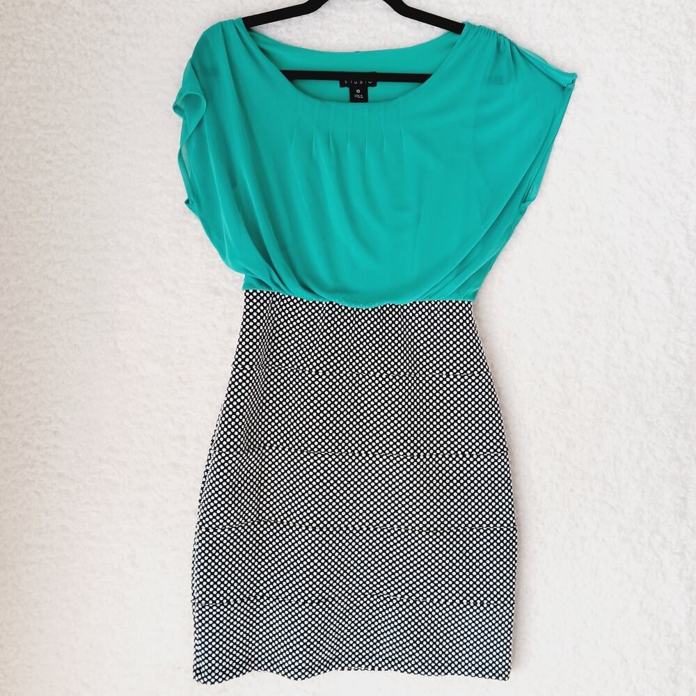 Dress Knee Pencil Enfocus Blue Polka Dots Black White Pleated Bodice Size 10